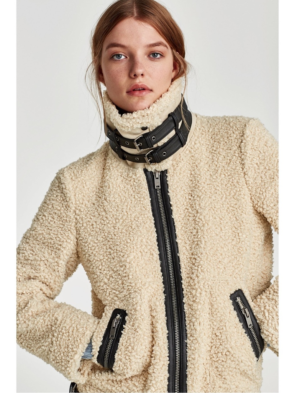 Zara Cream Real Leather Trim Sherpa Jacket with Black Trim and Buckle Neck 2026